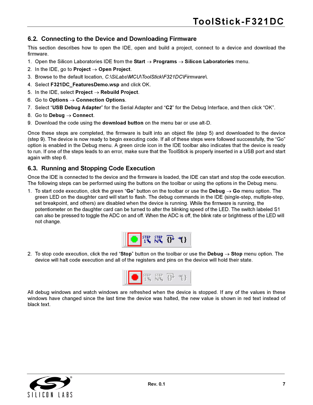 Silicon Laboratories F321DC manual Connecting to the Device and Downloading Firmware, Running and Stopping Code Execution 