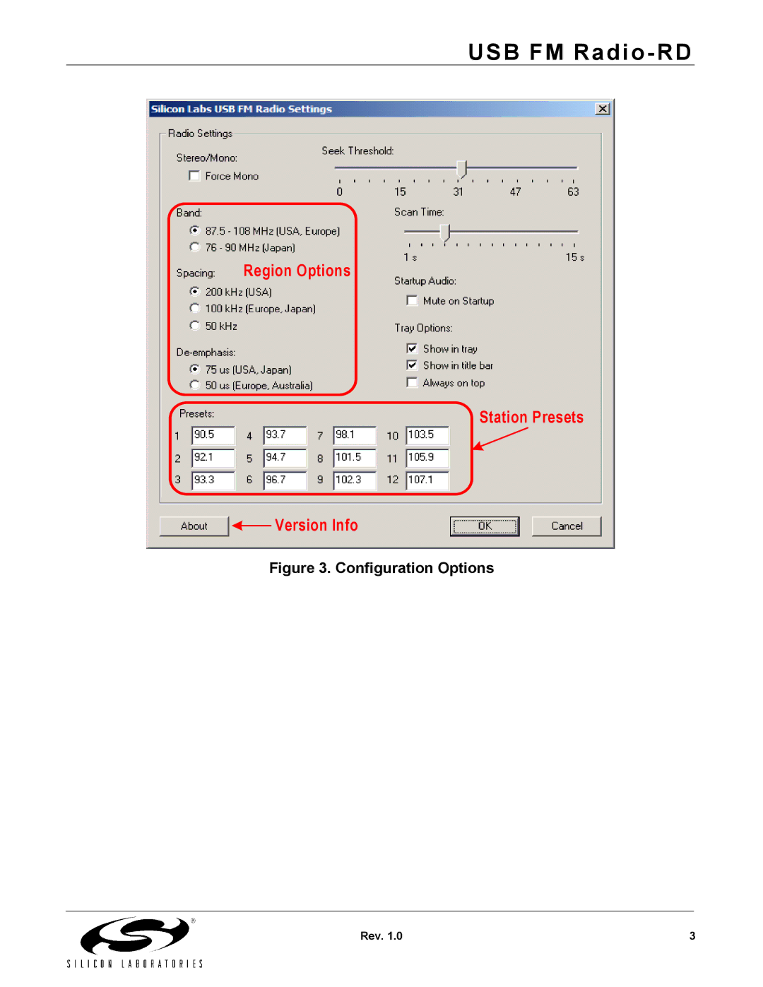 Silicon Laboratories Radio manual Region Options Station Presets Version Info 