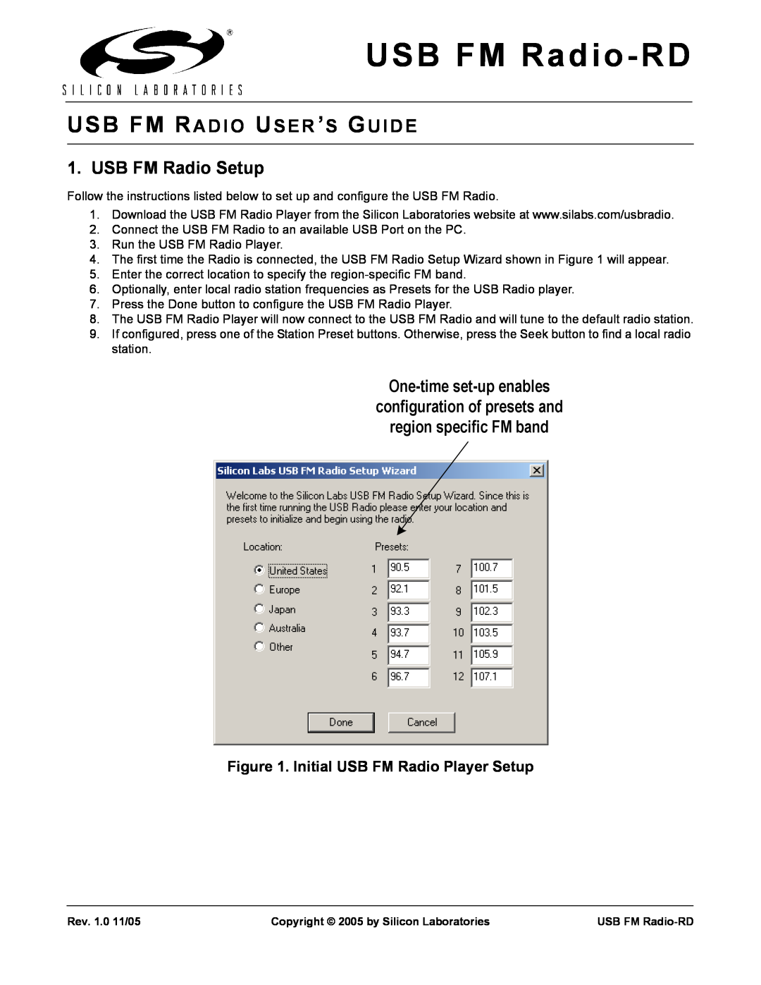 Silicon Laboratories manual Usb Fm Ra D I O Us E R ’S Gu I De, USB FM Radio Setup, USB FM Radio-RD 