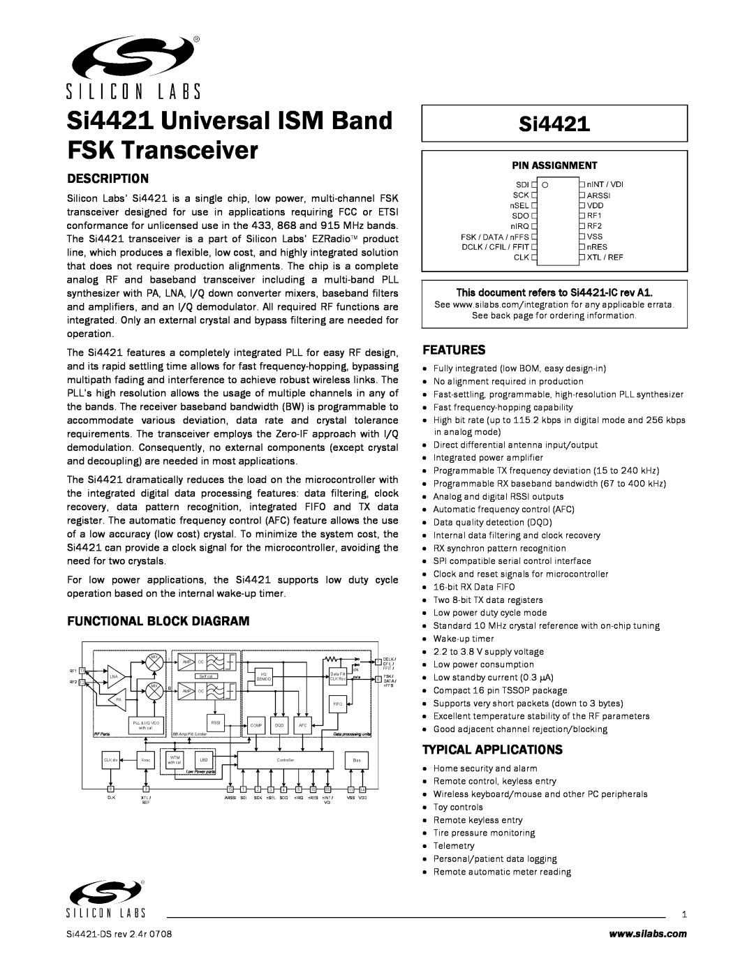 Silicon Laboratories SI4421 manual Description, Functional Block Diagram, Features, Typical Applications, Si4421 