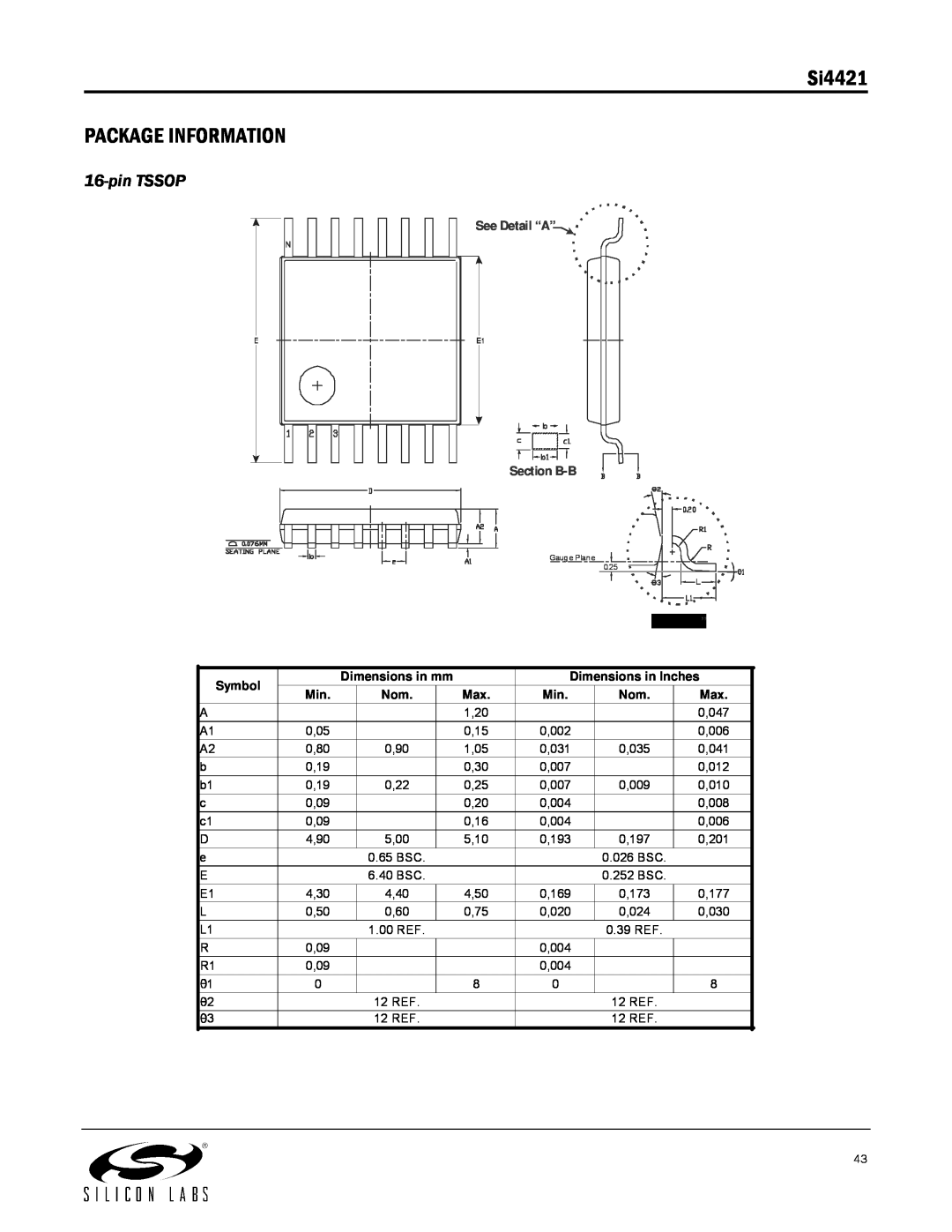 Silicon Laboratories SI4421 manual Si4421 PACKAGE INFORMATION, pinTSSOP, See Detail “A” Section B-B 