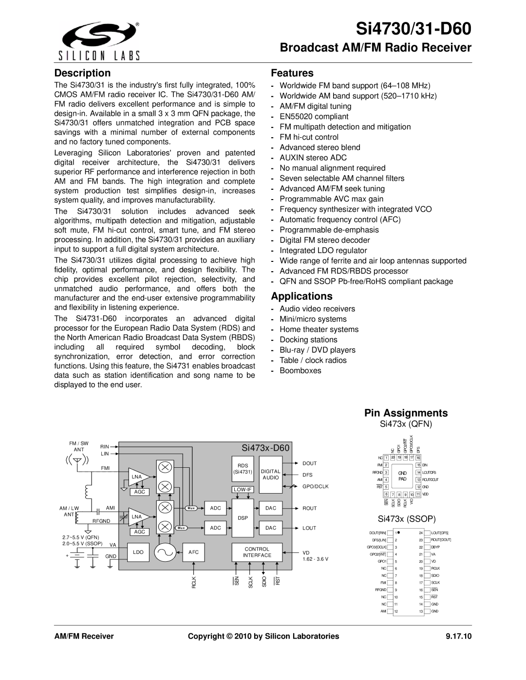 Silicon Laboratories SI4730 manual Description, Features, Applications, Pin Assignments 