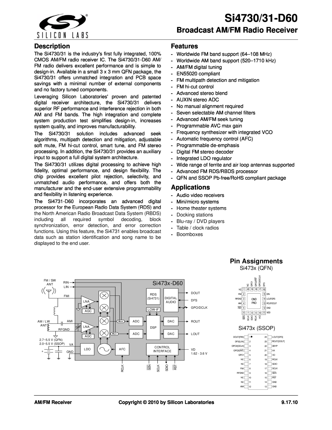 Silicon Laboratories SI4730 manual Si4730/31-D60, Broadcast AM/FM Radio Receiver, Description, Features, Applications 