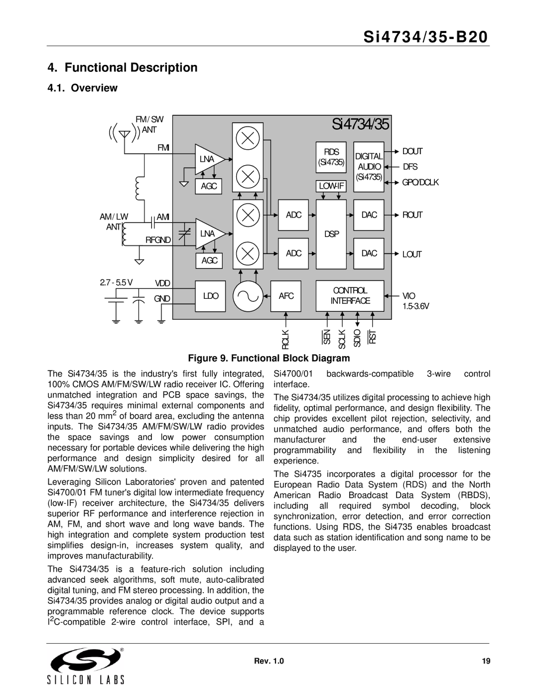 Silicon Laboratories SI4734/35-B20 manual Functional Description, Overview, 5.5, 3.6V 