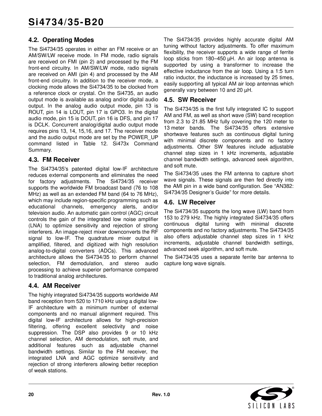 Silicon Laboratories SI4734/35-B20 manual Operating Modes, FM Receiver, AM Receiver, SW Receiver, LW Receiver 