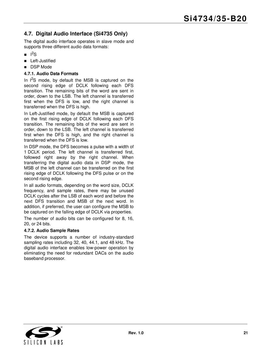 Silicon Laboratories SI4734/35-B20 manual Digital Audio Interface Si4735 Only, Audio Data Formats, Audio Sample Rates 