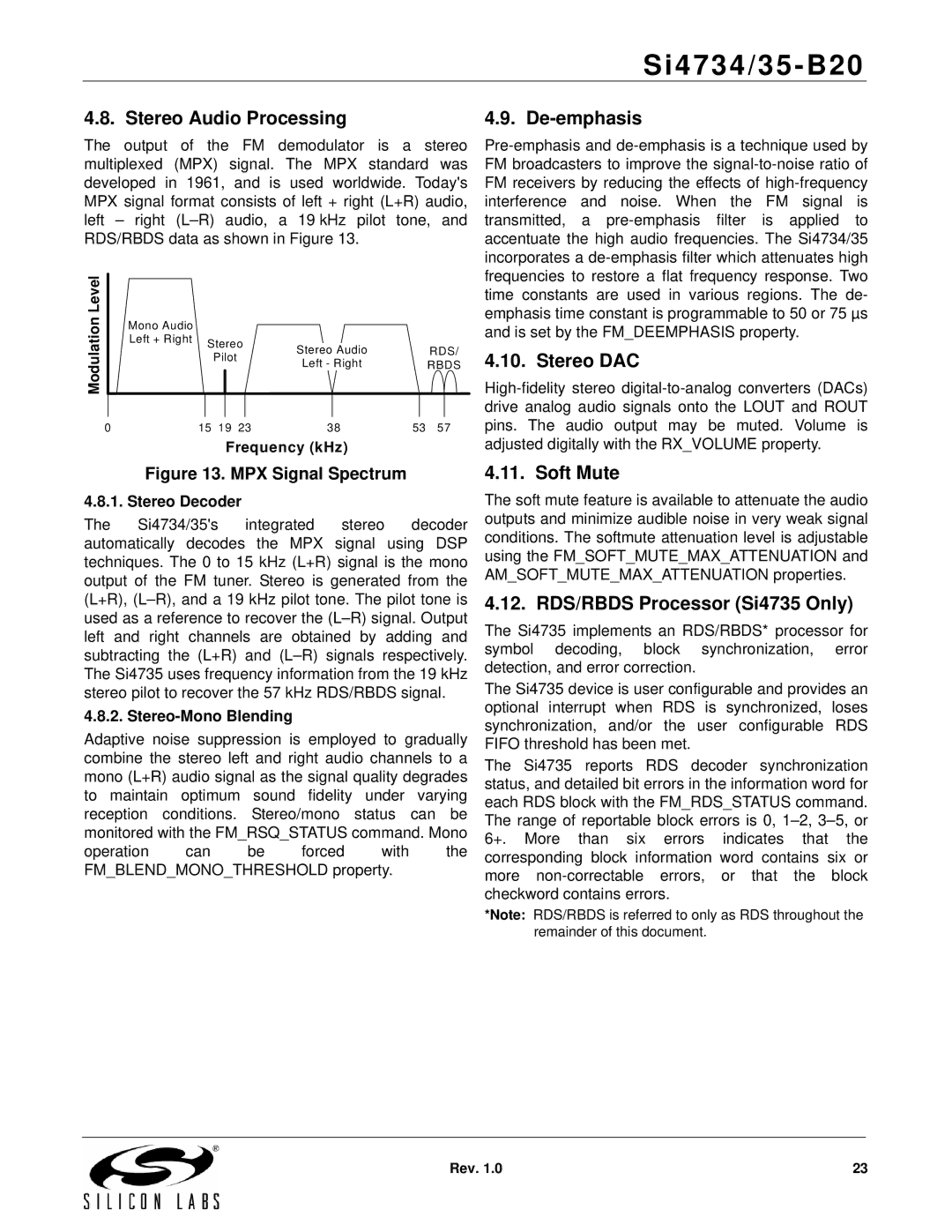 Silicon Laboratories SI4734/35-B20 manual Stereo Audio Processing De-emphasis, Stereo DAC, Soft Mute 