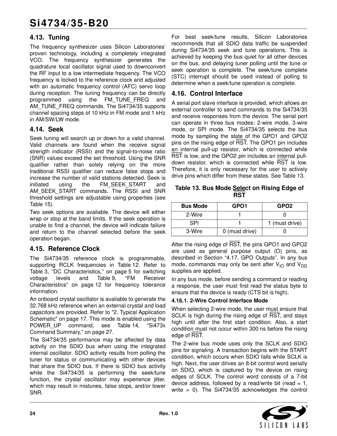 Silicon Laboratories SI4734/35-B20 manual Tuning, Seek, Reference Clock, Control Interface, Bus Mode Select on Rising Edge 