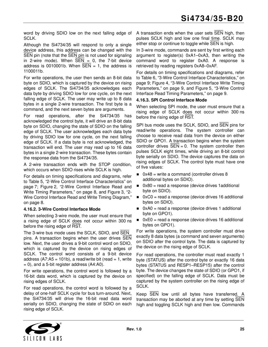 Silicon Laboratories SI4734/35-B20 manual SPI Control Interface Mode 
