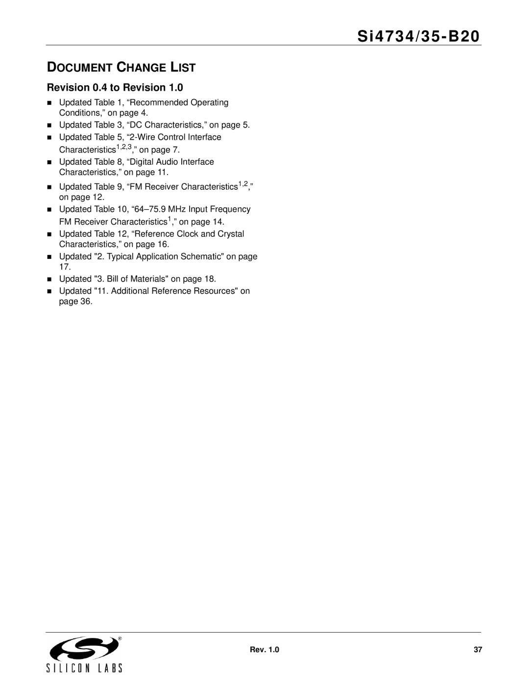 Silicon Laboratories SI4734/35-B20 manual Document Change List, Revision 0.4 to Revision 