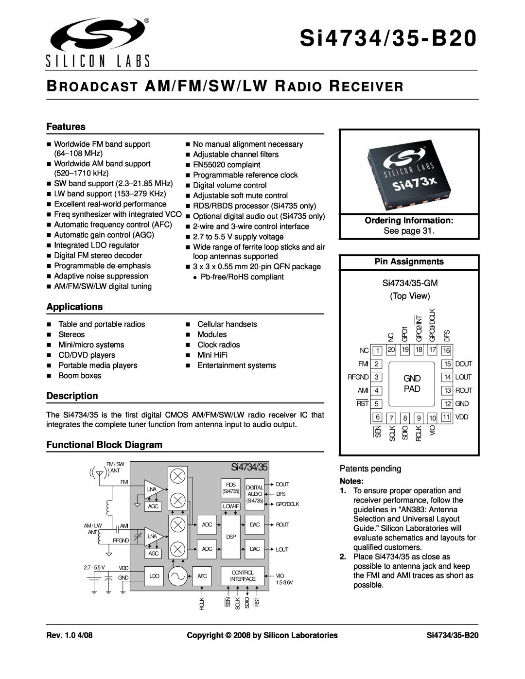 Silicon Laboratories SI4734/35-B20 manual Broadcast Am/Fm/Sw/Lw Radio Receiver, Si4734/35-B20, Gnd Pad, Rev. 1.0 4/08 