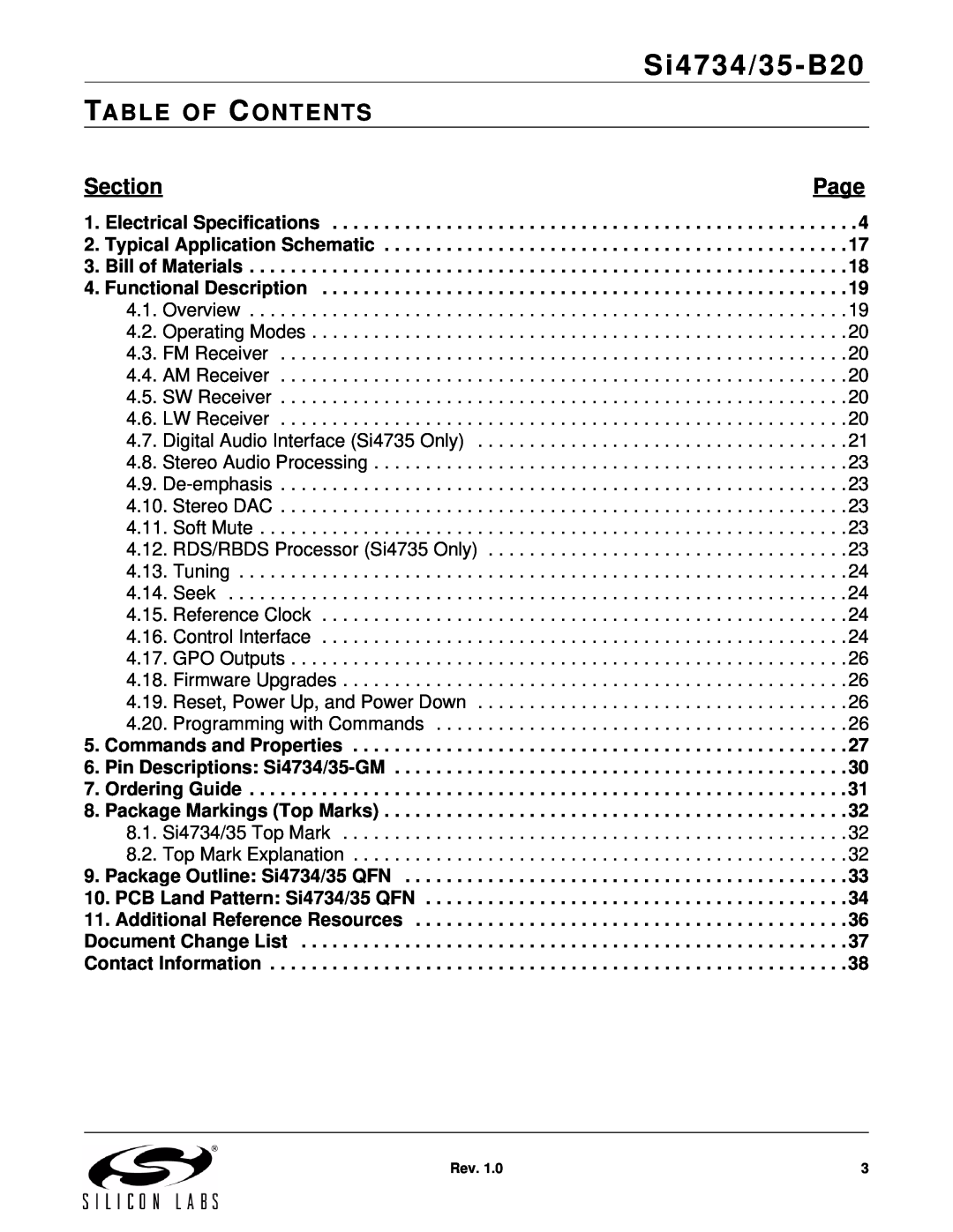 Silicon Laboratories SI4734/35-B20 manual Table Of Contents, Section, Si4734/35-B20, Page 