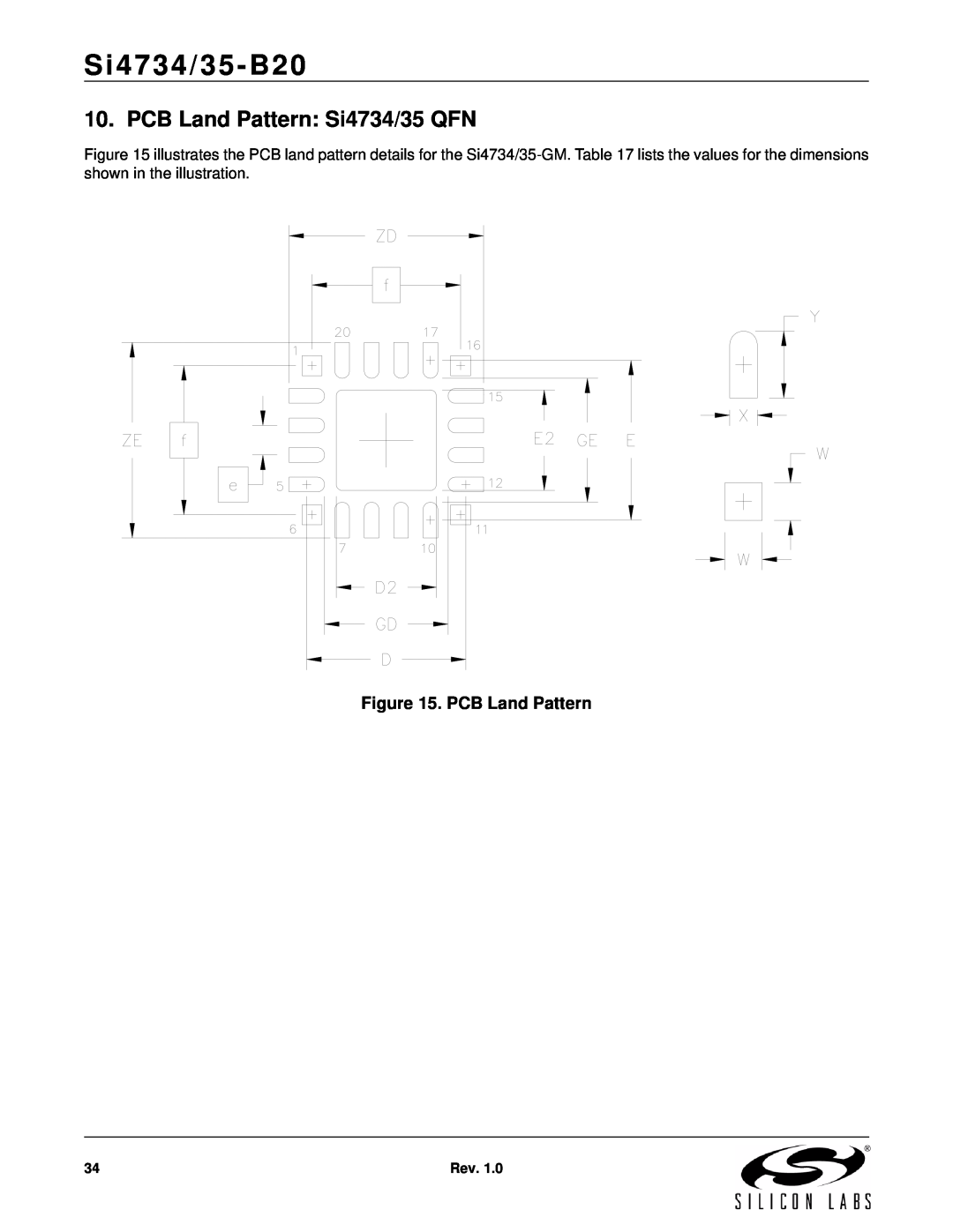 Silicon Laboratories SI4734/35-B20 manual PCB Land Pattern Si4734/35 QFN, Si4734/35-B20, Rev 