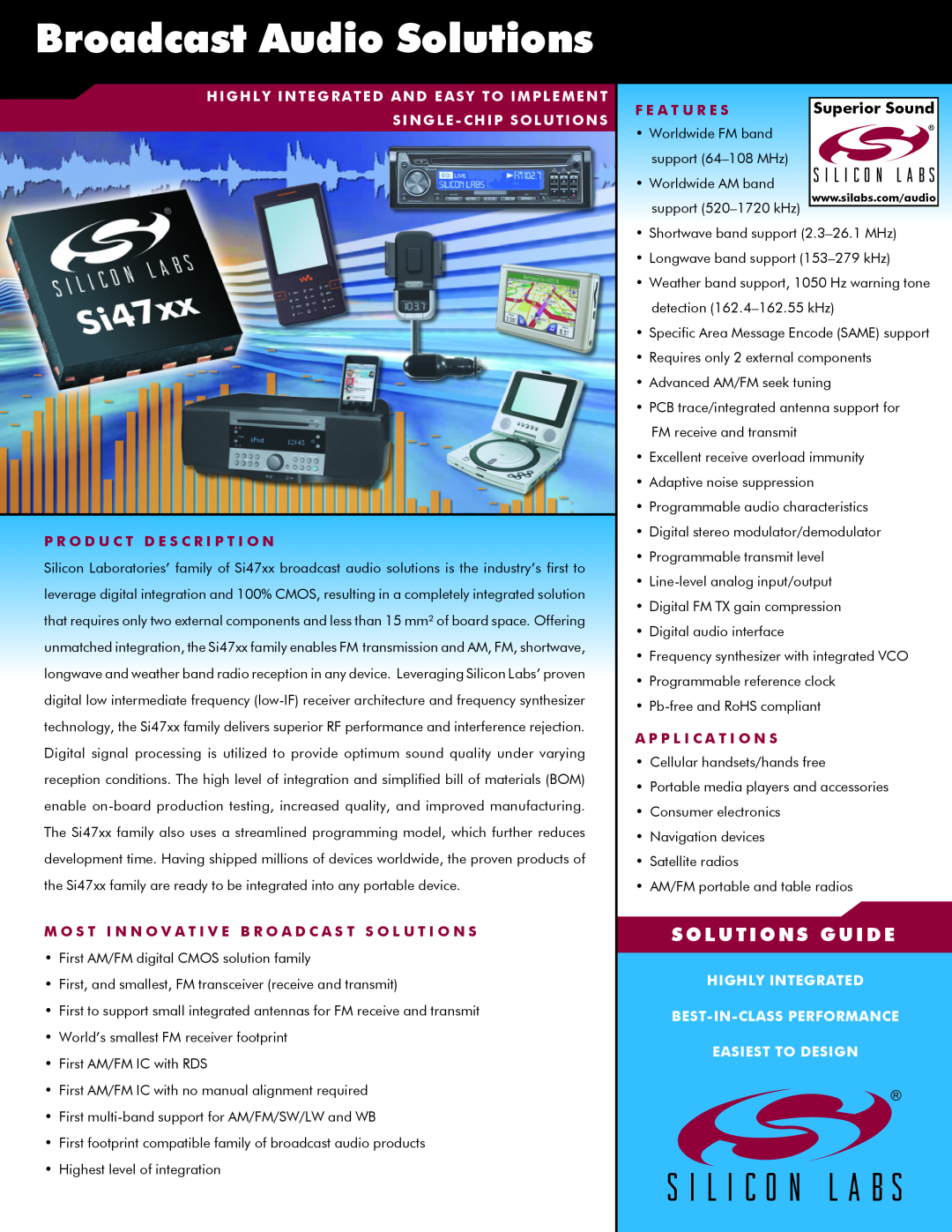 Silicon Laboratories SI47XX manual Highly Integrated And Easy To Implement, Single - Chip Solutions, F E A T U R E S 