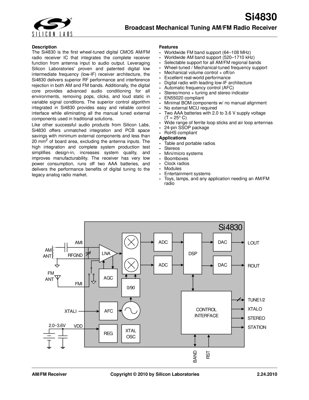 Silicon Laboratories SI4830 manual Si4830, Broadcast Mechanical Tuning AM/FM Radio Receiver 