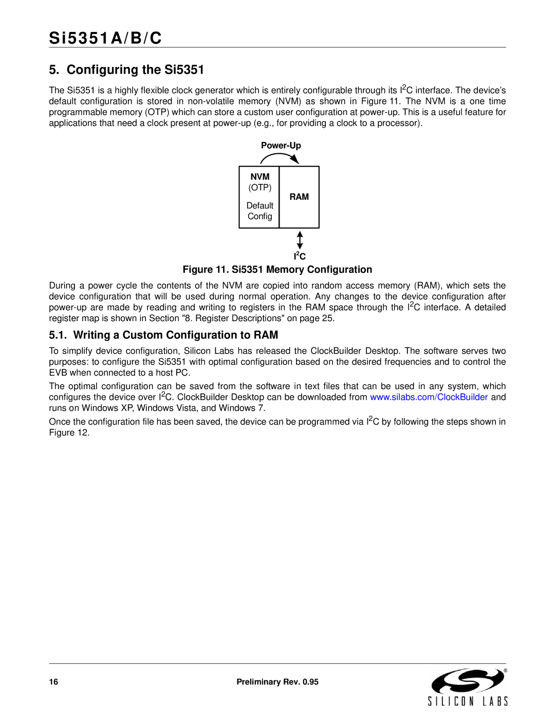 Silicon Laboratories SI5351A/B/C specifications Configuring the Si5351, Writing a Custom Configuration to RAM, Power-Up 