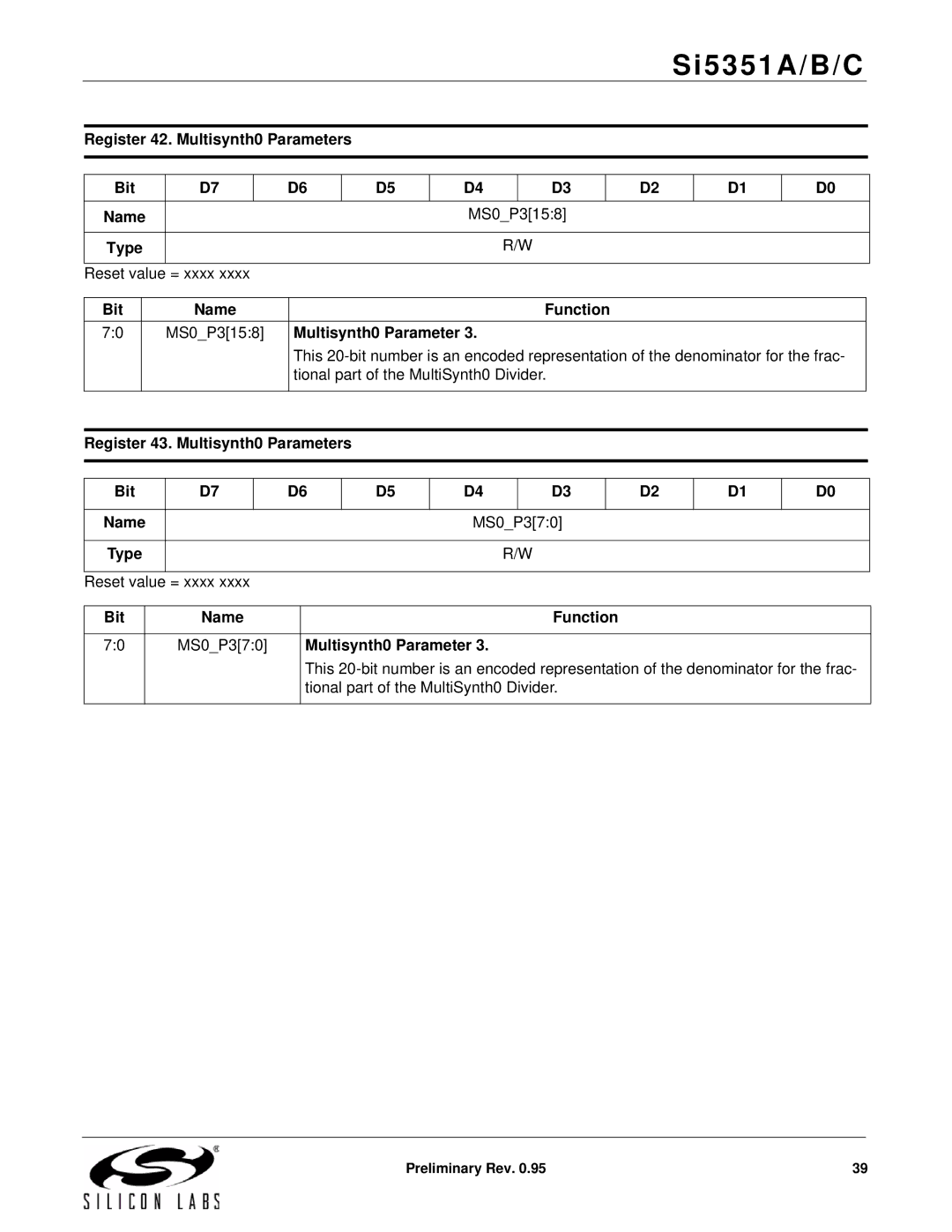 Silicon Laboratories SI5351A/B/C specifications Register 42. Multisynth0 Parameters Bit, MS0P3158 Type Reset value, MS0P370 