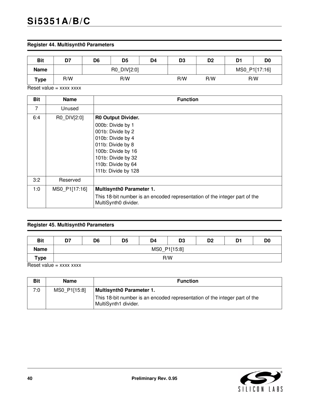 Silicon Laboratories SI5351A/B/C specifications Register 44. Multisynth0 Parameters Bit, R0 Output Divider 