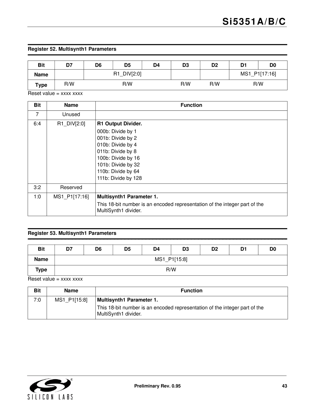 Silicon Laboratories SI5351A/B/C specifications Register 52. Multisynth1 Parameters Bit, R1 Output Divider 