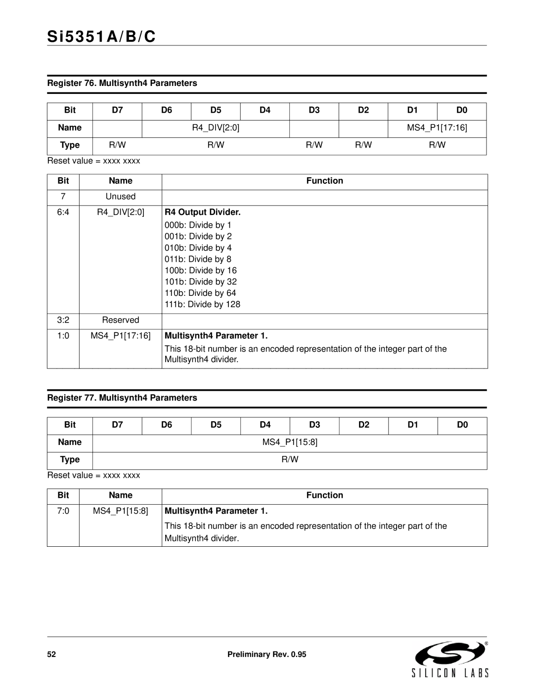 Silicon Laboratories SI5351A/B/C specifications Register 76. Multisynth4 Parameters Bit, R4 Output Divider 