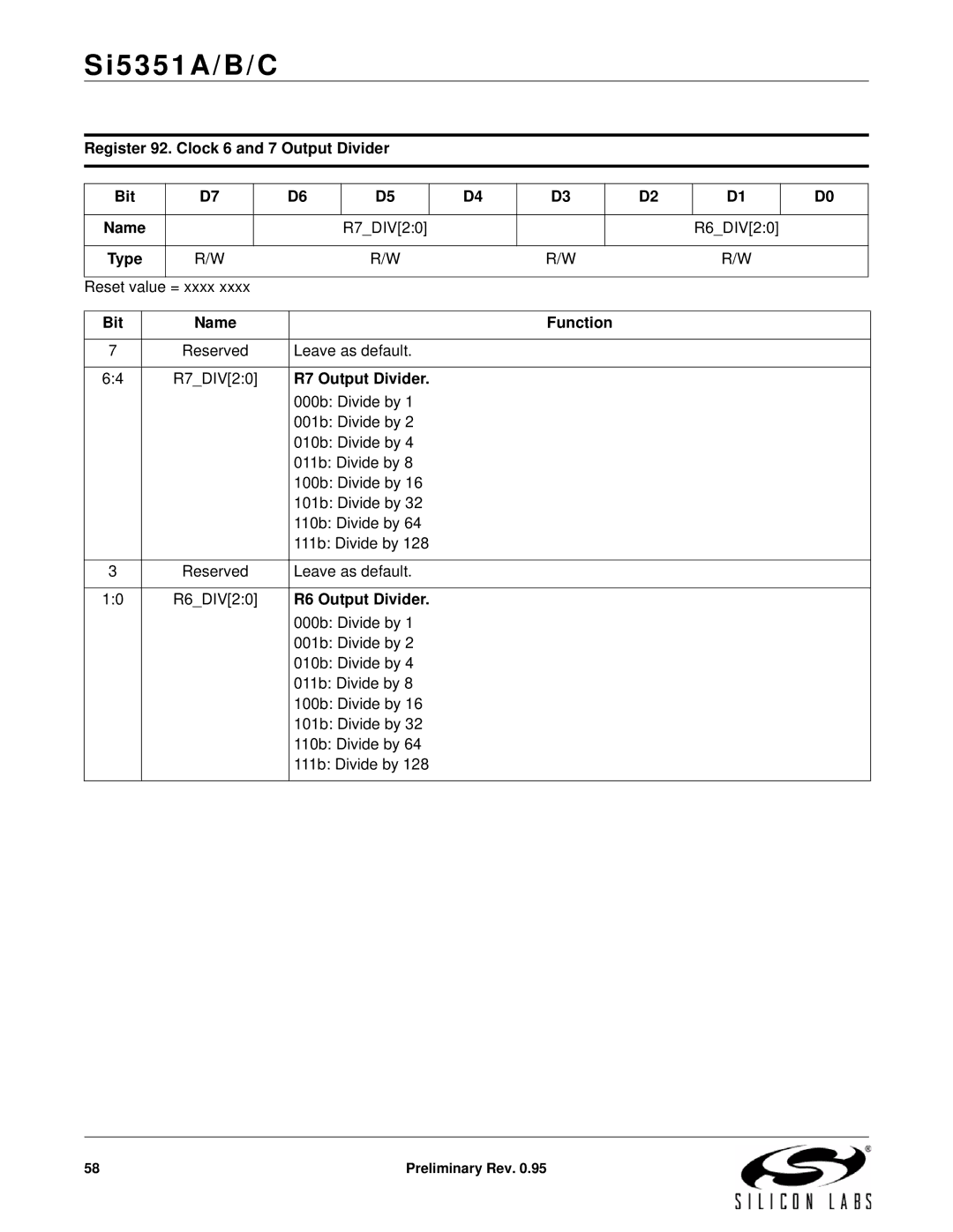 Silicon Laboratories SI5351A/B/C Register 92. Clock 6 and 7 Output Divider Bit, R7 Output Divider, R6 Output Divider 