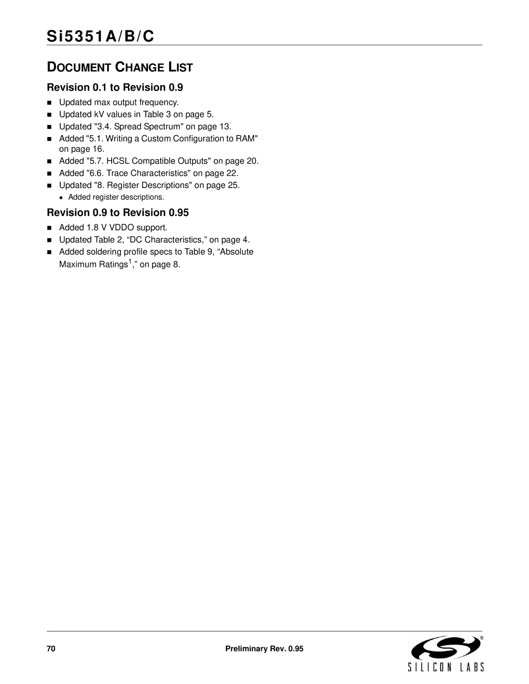 Silicon Laboratories SI5351A/B/C specifications Revision 0.1 to Revision, Revision 0.9 to Revision 