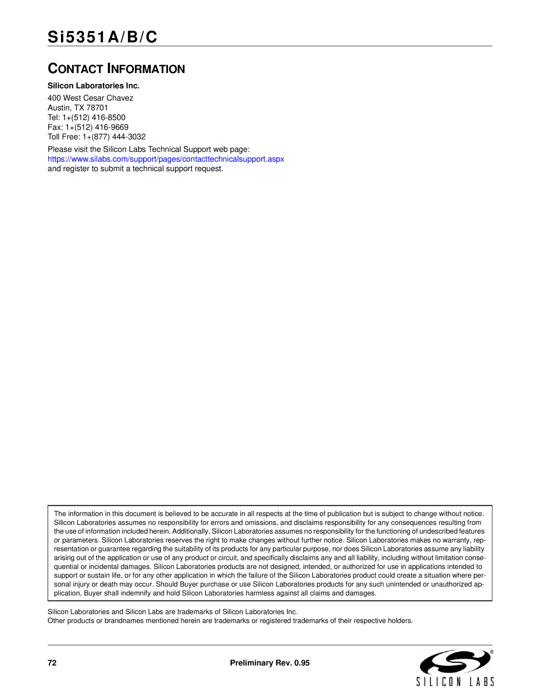 Silicon Laboratories SI5351A/B/C specifications Contact Information 