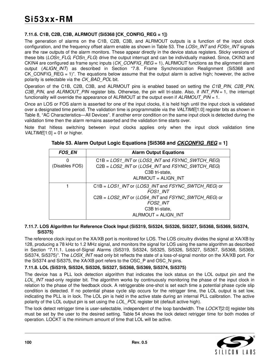 Silicon Laboratories SI5323, SI5369, SI5365, SI5366, SI5367, SI5374 manual Alarm Output Logic Equations Si5368 and Ckconfigreg = 