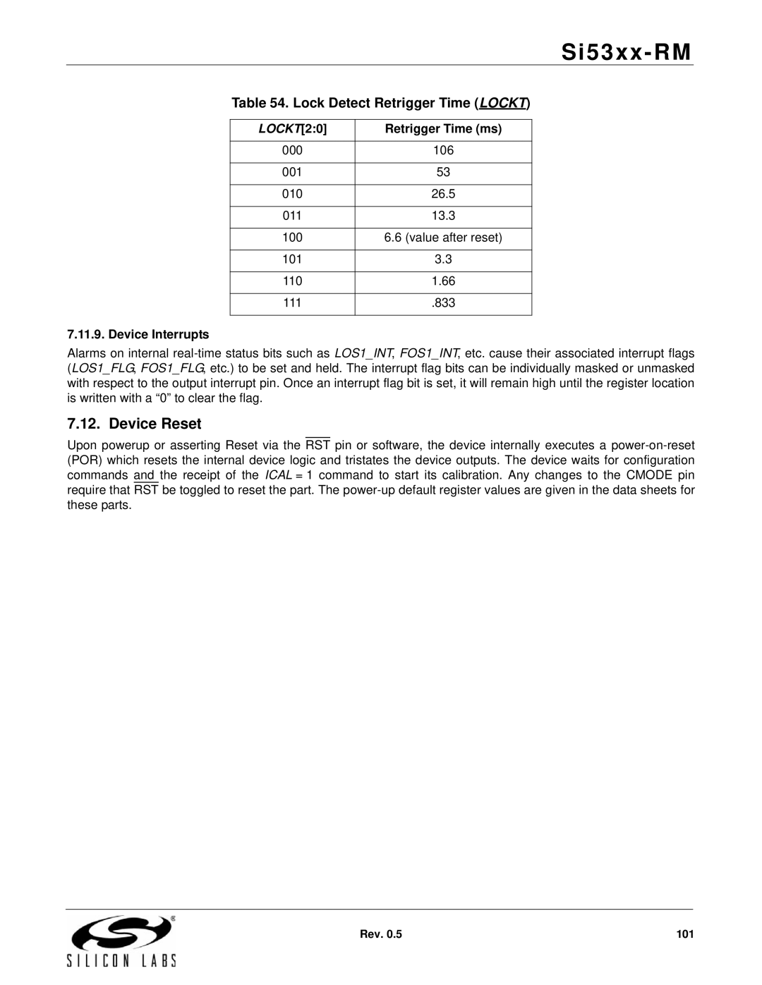 Silicon Laboratories SI5324, SI5369, SI5365, SI5366, SI5367, SI5374, SI5375 Lock Detect Retrigger Time Lockt, Device Interrupts 