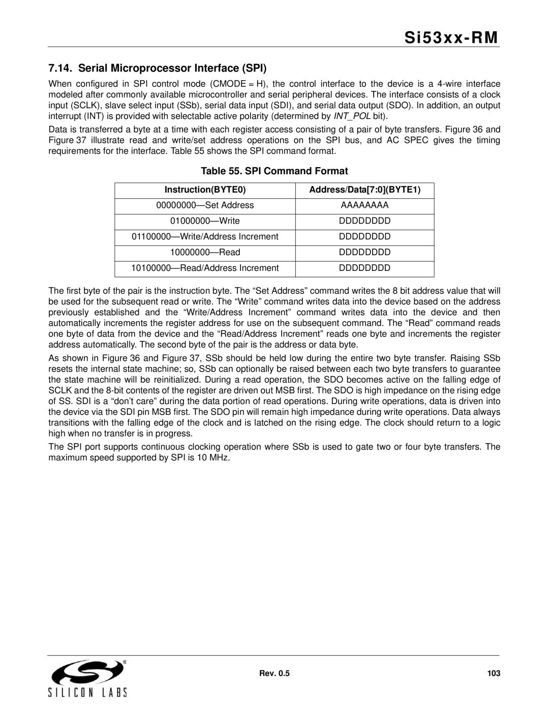 Silicon Laboratories SI5322 Serial Microprocessor Interface SPI, SPI Command Format, InstructionBYTE0 Address/Data70BYTE1 