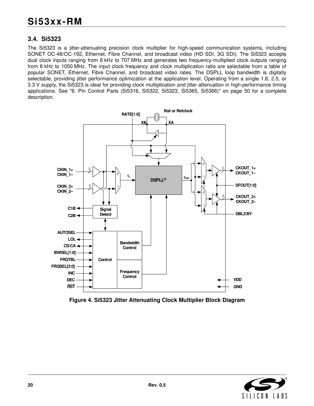 Silicon Laboratories SI5375, SI5369, SI5365, SI5366, SI5367 manual Si5323 Jitter Attenuating Clock Multiplier Block Diagram 