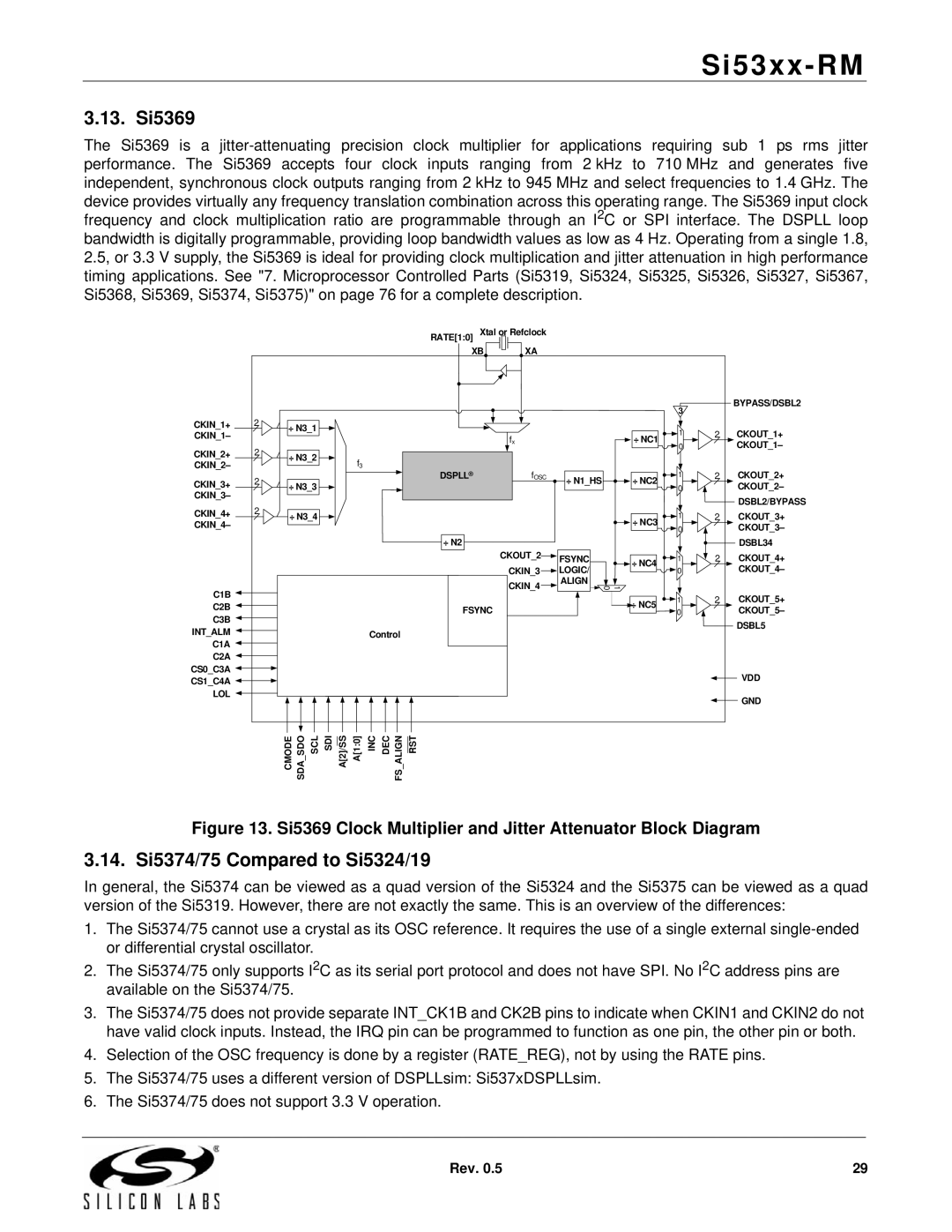 Silicon Laboratories SI5325, SI5369, SI5365, SI5366, SI5367, SI5374, SI5375 13. Si5369, 14. Si5374/75 Compared to Si5324/19 