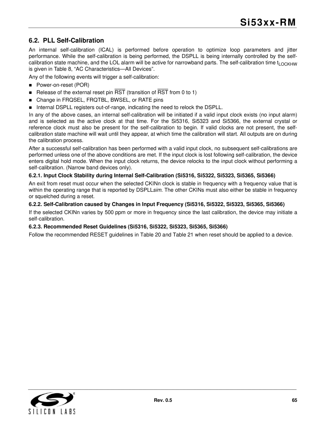 Silicon Laboratories SI5375, SI5369, SI5365, SI5366, SI5367, SI5374, SI5326, SI5327, SI5319, SI5368, SI5323 PLL Self-Calibration 