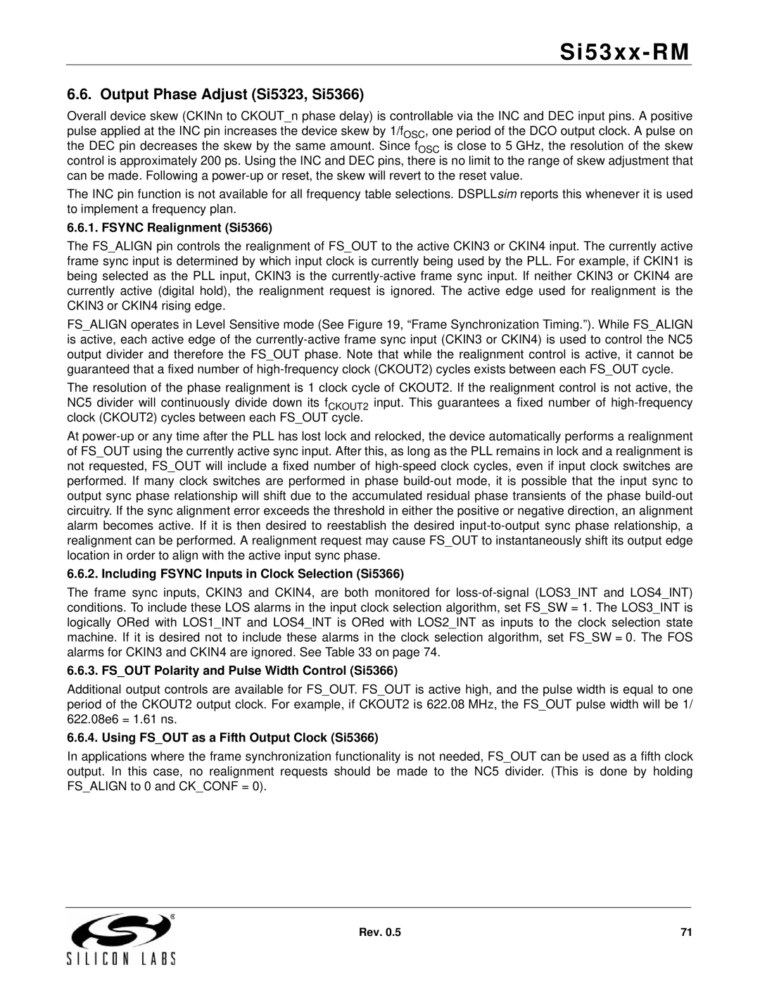 Silicon Laboratories SI5324, SI5369, SI5365, SI5366, SI5367 manual Output Phase Adjust Si5323, Si5366, Fsync Realignment Si5366 