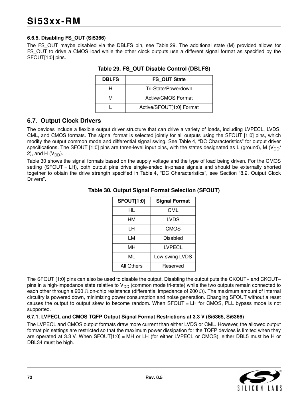 Silicon Laboratories SI5316 manual Output Clock Drivers, Fsout Disable Control Dblfs, Output Signal Format Selection Sfout 