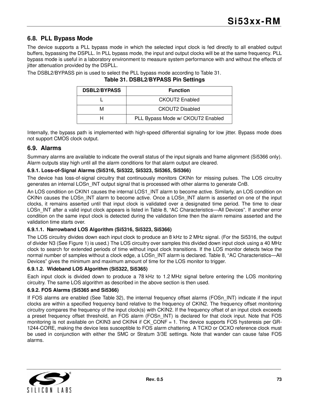 Silicon Laboratories SI5322, SI5369, SI5365, SI5366, SI5367, SI5374, SI5375 PLL Bypass Mode, Alarms, DSBL2/BYPASS Pin Settings 