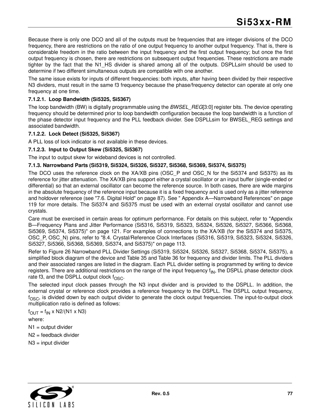 Silicon Laboratories SI5366 Loop Bandwidth Si5325, Si5367, Lock Detect Si5325, Si5367, Input to Output Skew Si5325, Si5367 