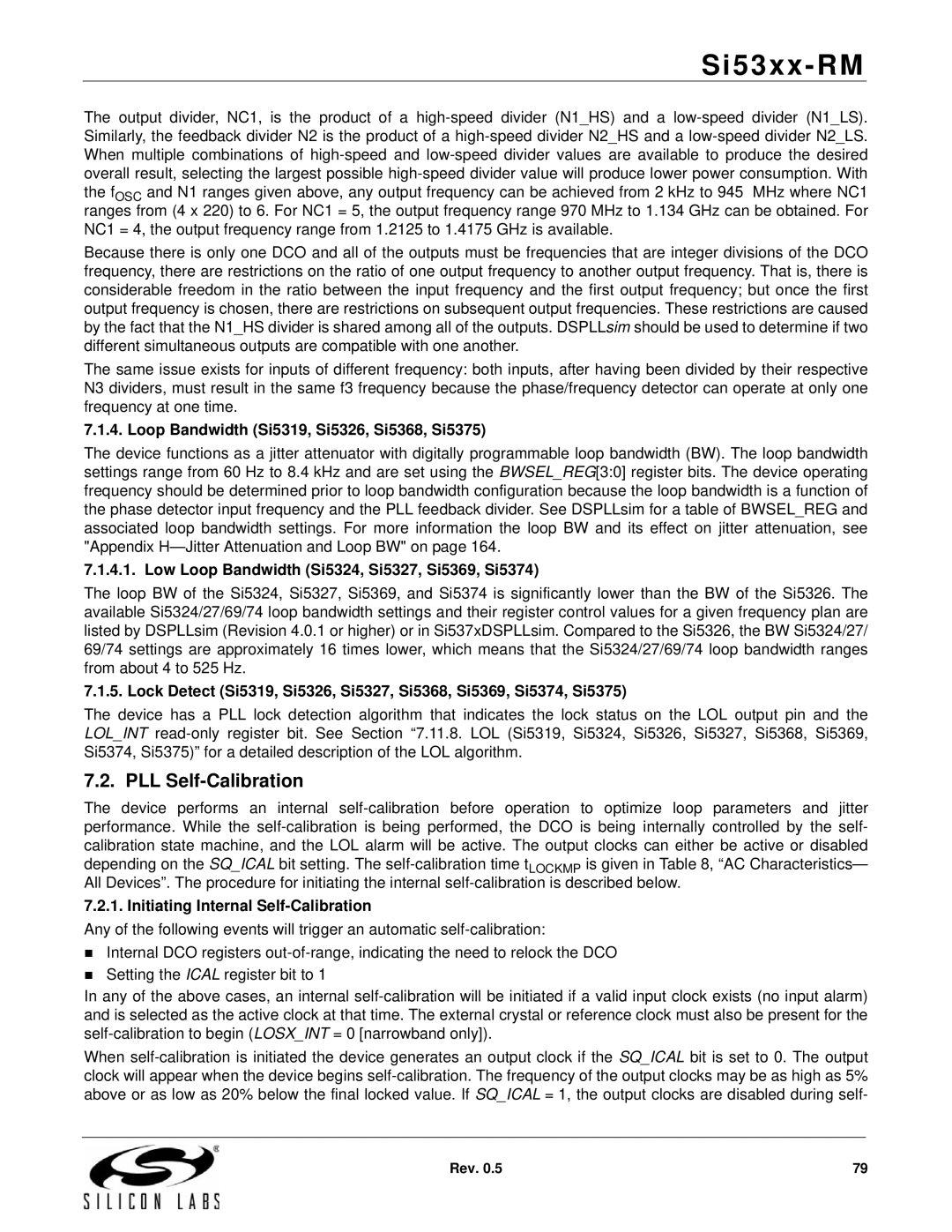 Silicon Laboratories SI5374, SI5369 Loop Bandwidth Si5319, Si5326, Si5368, Si5375, Initiating Internal Self-Calibration 