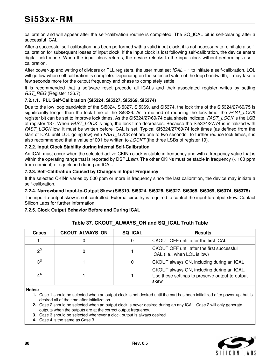 Silicon Laboratories SI5375, SI5369, SI5365, SI5366, SI5367, SI5374, SI5326, SI5327, SI5319 Ckoutalwayson and Sqical Truth Table 