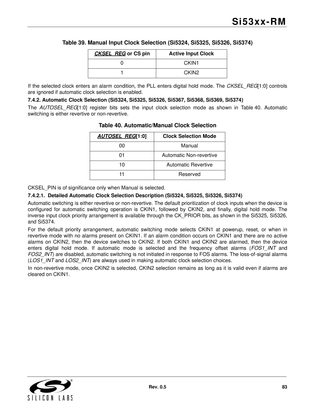 Silicon Laboratories SI5319, SI5369, SI5365, SI5366, SI5367 manual Manual Input Clock Selection Si5324, Si5325, Si5326, Si5374 