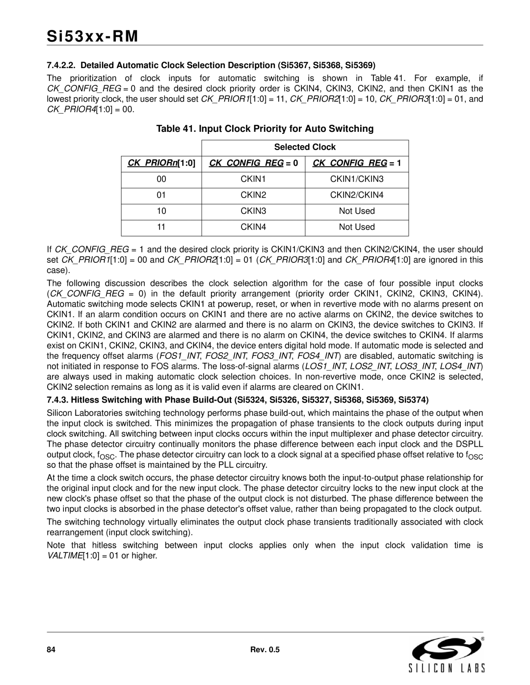 Silicon Laboratories SI5368, SI5369, SI5365, SI5366, SI5367, SI5374 Input Clock Priority for Auto Switching, Selected Clock 