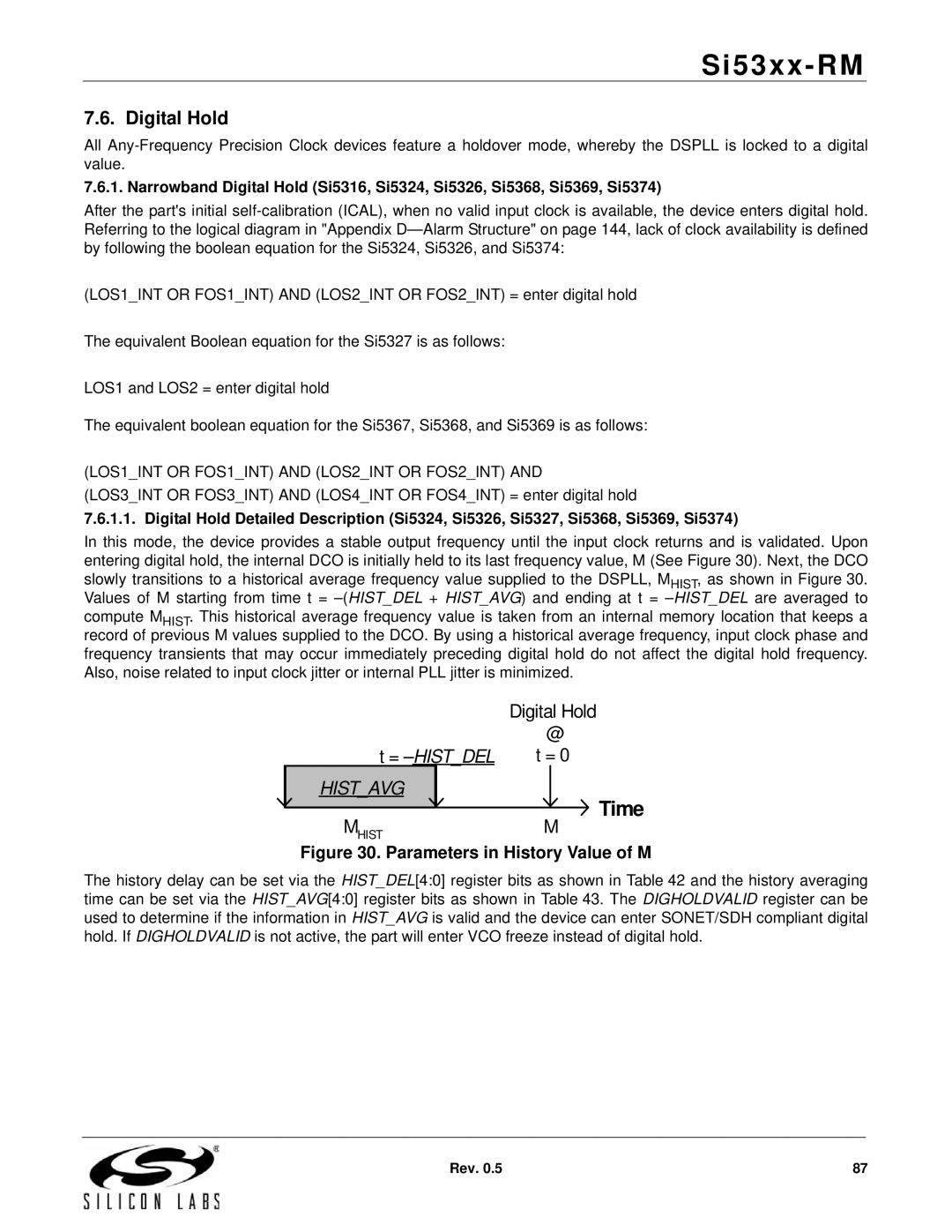 Silicon Laboratories SI5316, SI5369, SI5365, SI5366, SI5367, SI5374, SI5375 manual Digital Hold, Parameters in History Value of M 