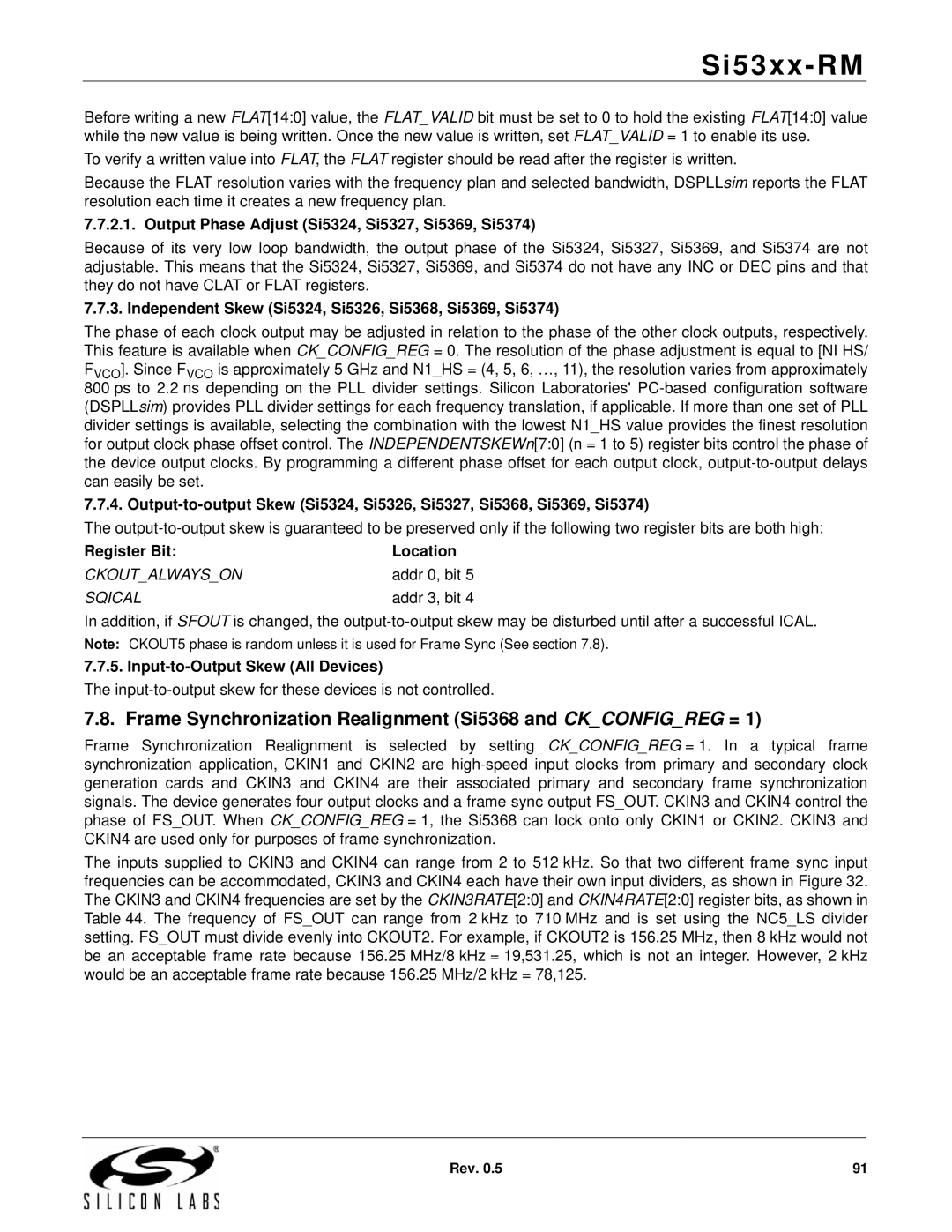 Silicon Laboratories SI5365 Frame Synchronization Realignment Si5368 and Ckconfigreg =, Input-to-Output Skew All Devices 