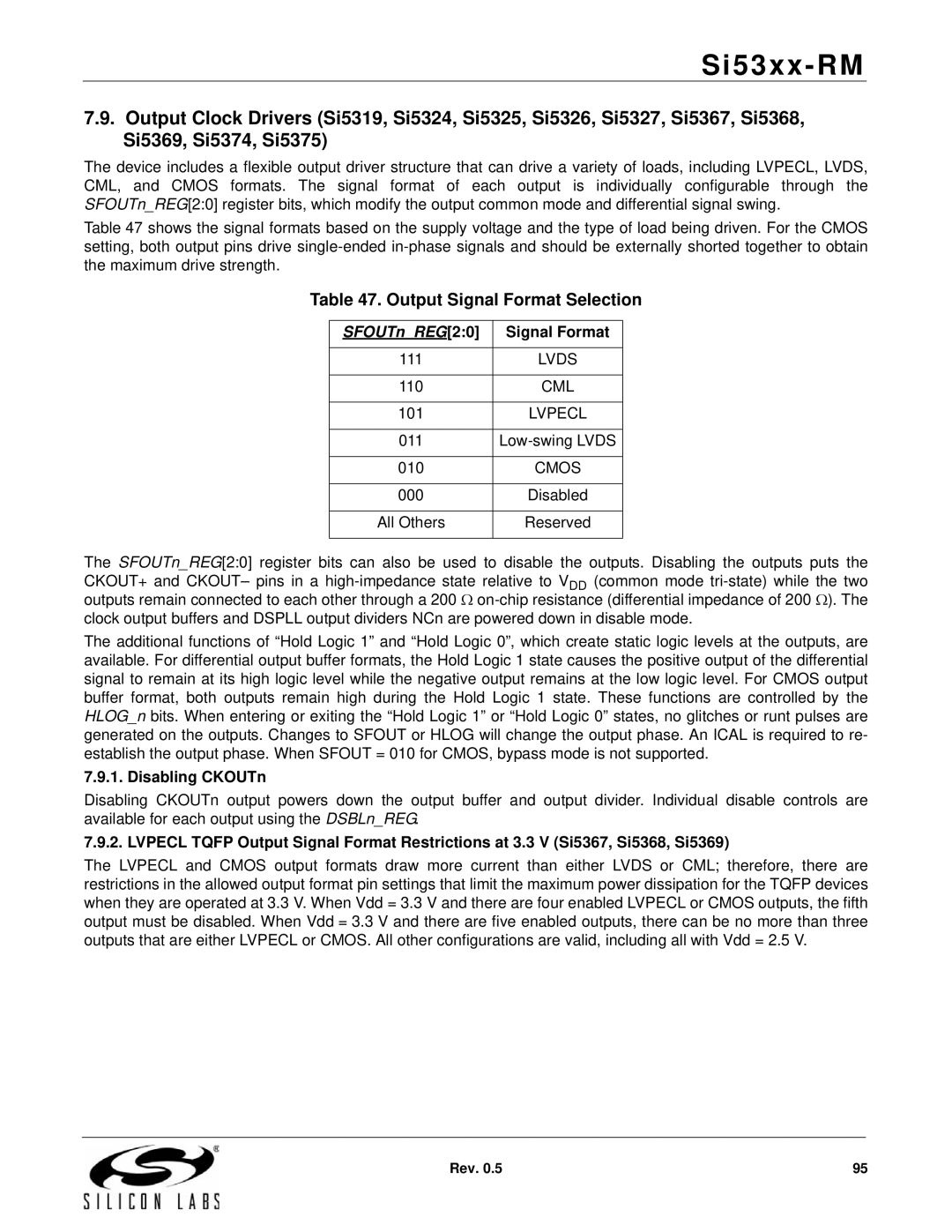 Silicon Laboratories SI5375, SI5369, SI5365, SI5366, SI5367, SI5374, SI5326 Output Signal Format Selection, Disabling CKOUTn 