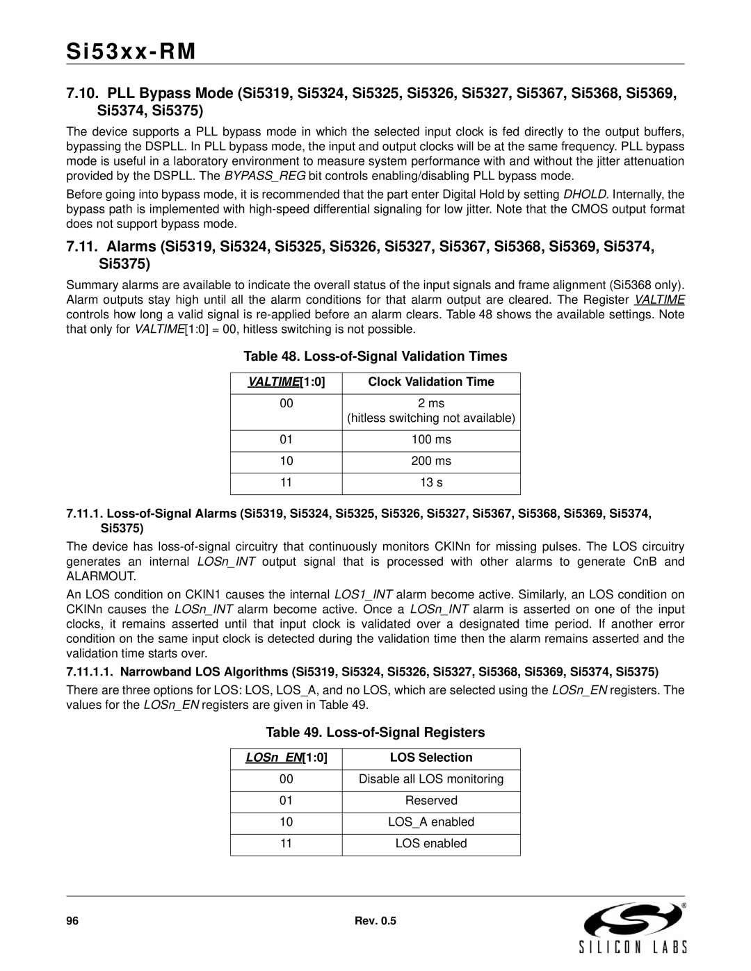 Silicon Laboratories SI5326, SI5369 manual Loss-of-Signal Validation Times, Loss-of-Signal Registers, Clock Validation Time 