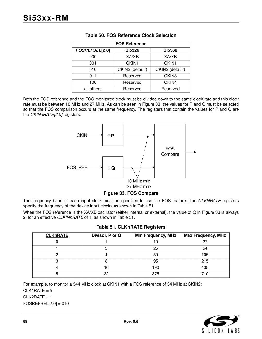 Silicon Laboratories SI5319, SI5369, SI5365, SI5366, SI5367 FOS Reference Clock Selection, CLKnRATE Registers, Si5326 Si5368 