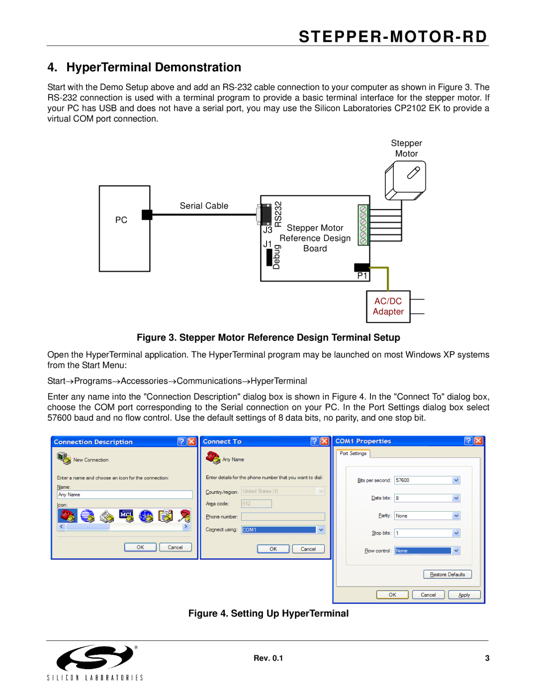 Silicon Laboratories Stepper Machine manual HyperTerminal Demonstration, Stepper Motor Reference Design Terminal Setup 