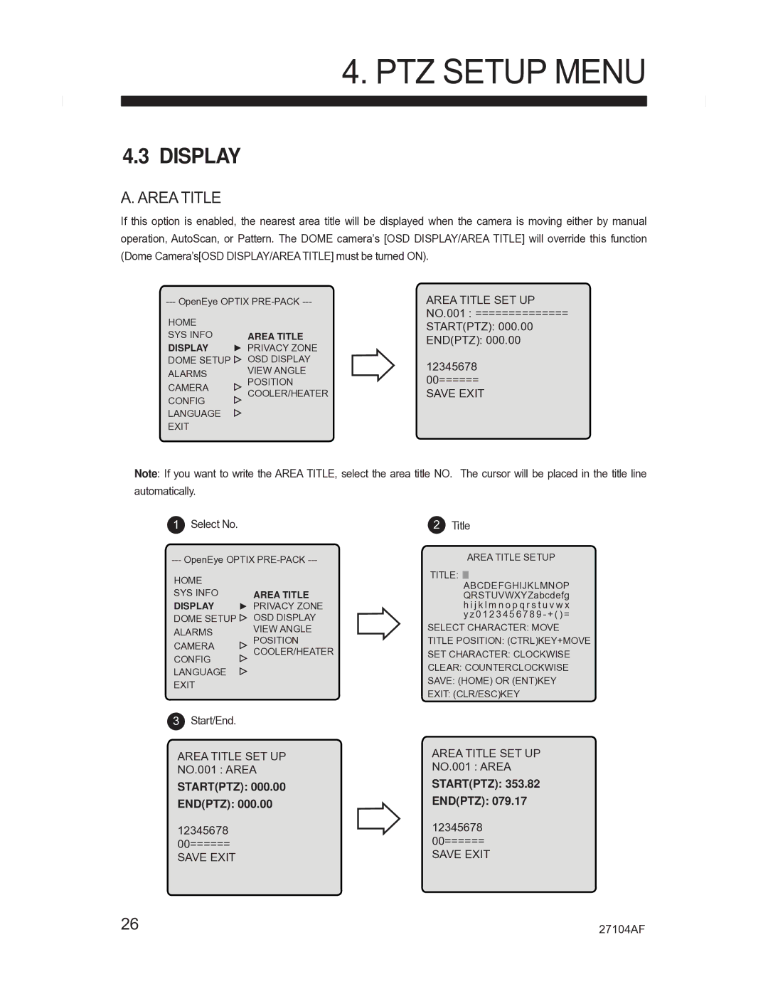 Silicon Optix CM-525P manual Area Title, Startptz Endptz, Display 