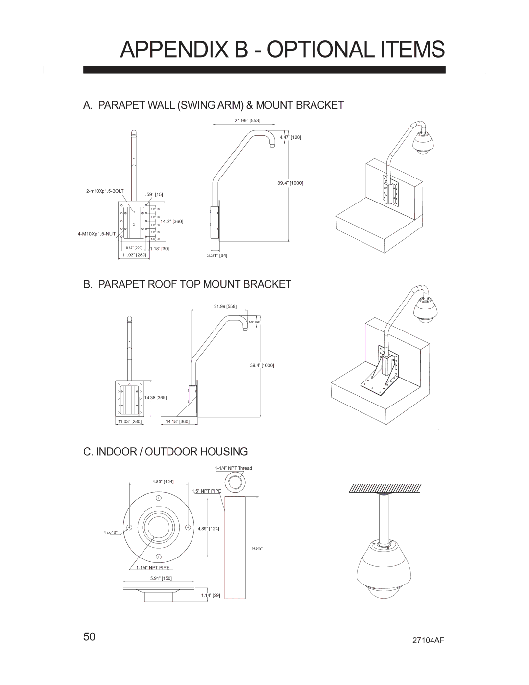 Silicon Optix CM-525P Appendix B Optional Items, Parapet Wall Swing ARM & Mount Bracket, Parapet Roof TOP Mount Bracket 