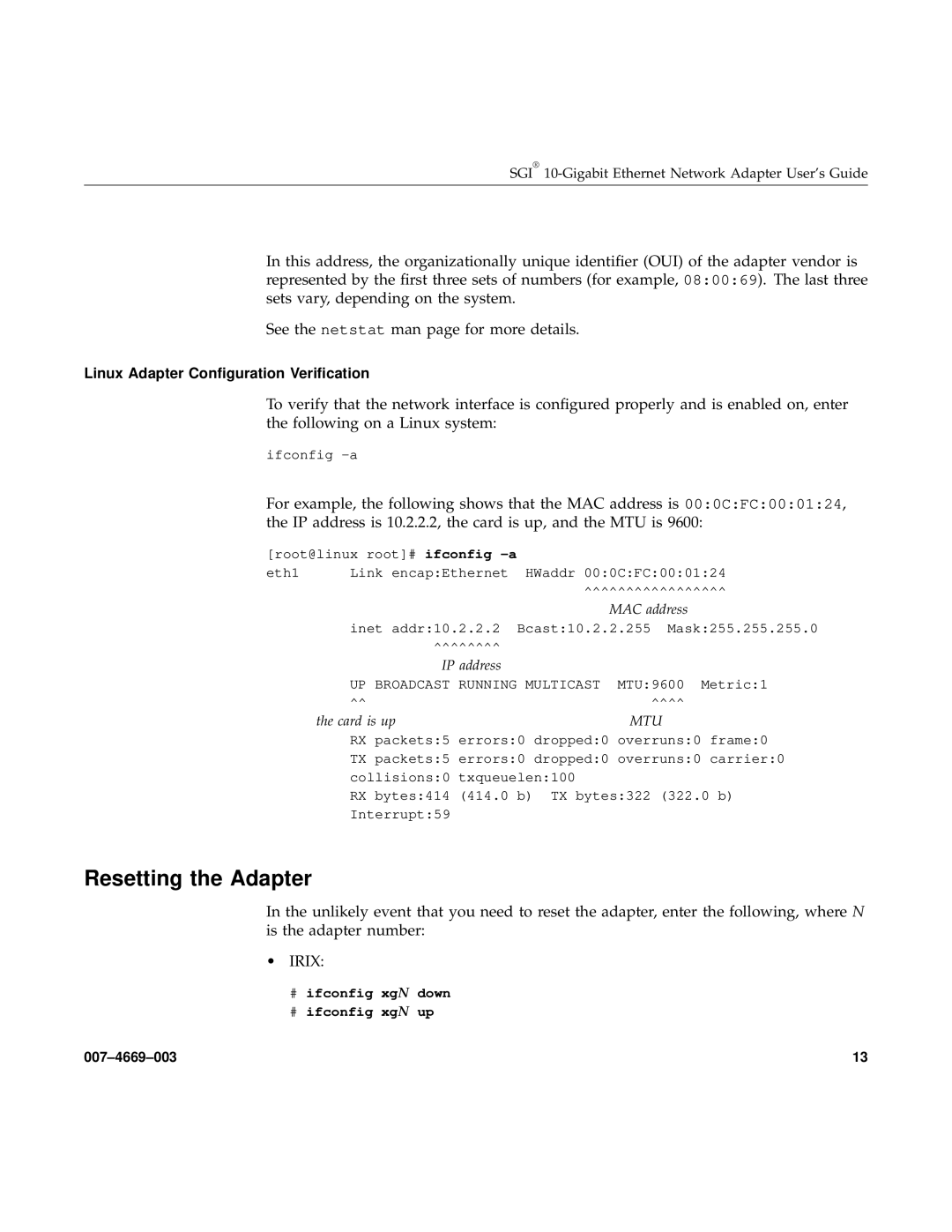 Silicon Power Computer & comm 74669003 manual Resetting the Adapter, Linux Adapter Conﬁguration Veriﬁcation 